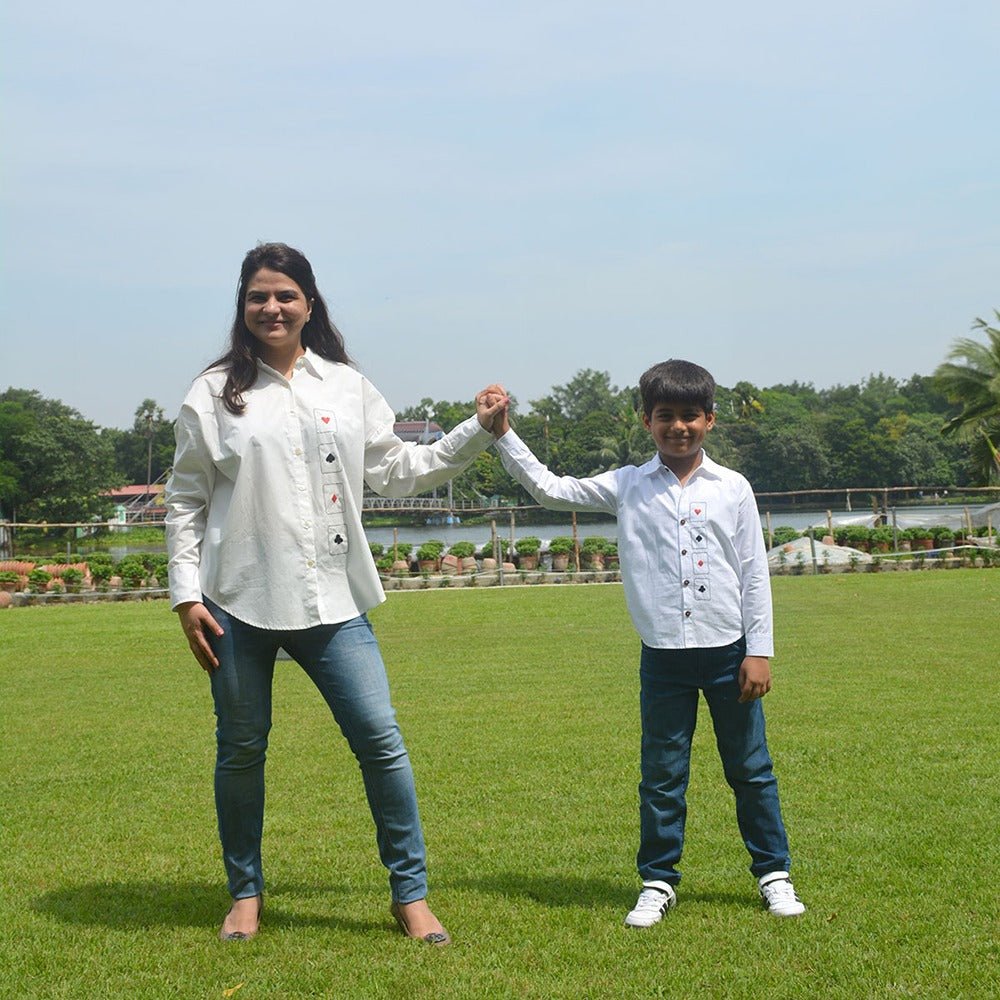 Playing Cards Embroidered Shirt for Women - White – Womens Shirt on Brown Living™. SKU: NANWS001EMB027 - S. Img 1.