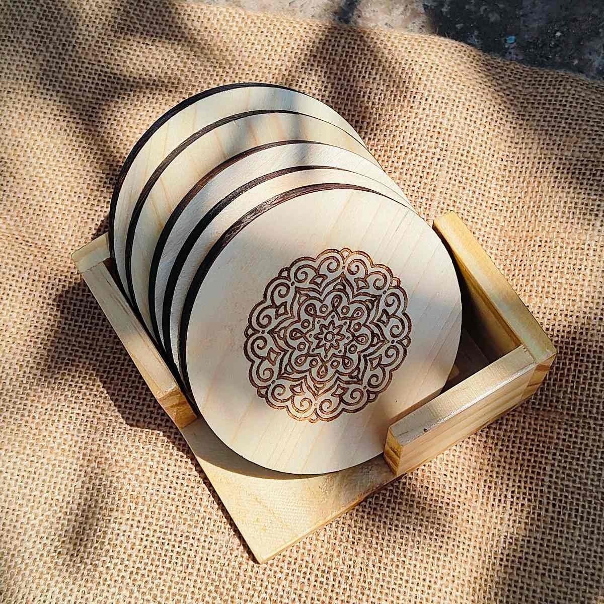 Premium Durable Wooden Coaster Set (Set of 5) – Coasters on Brown Living™. SKU: BL - JB - 03. Img 1.