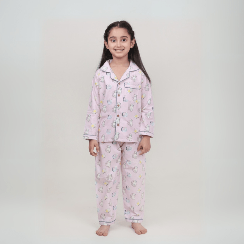100% Cotton Purr - fect Kids Collar Night Suit Set – Kids Nightwear on Brown Living™. SKU: PST23K1. Img 1.