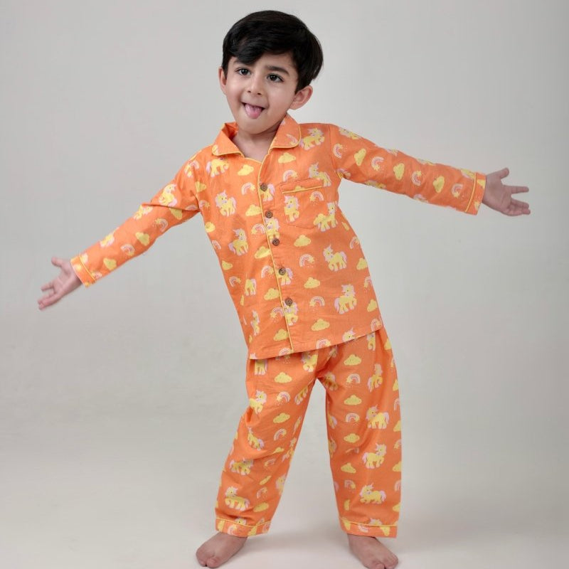 100% Cotton Rainbow Riders Kids Collar Night Suit Set – Kids Nightwear on Brown Living™. SKU: RRS23K1. Img 1.