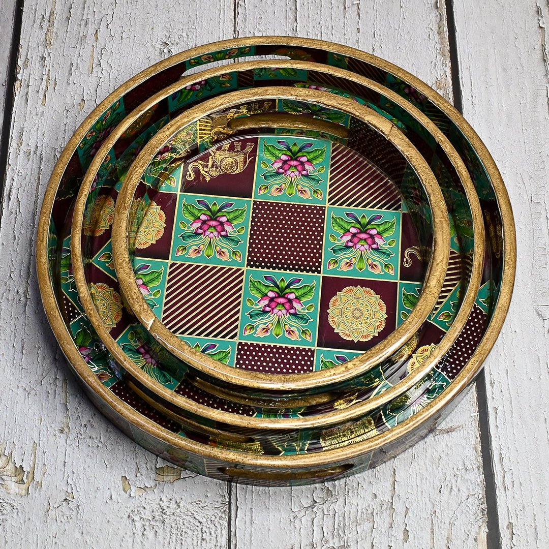 Rajasthani Wooden Round Trays - Pack of 3 – Home Decor on Brown Living™. SKU: MJ00141TY. Img 2.