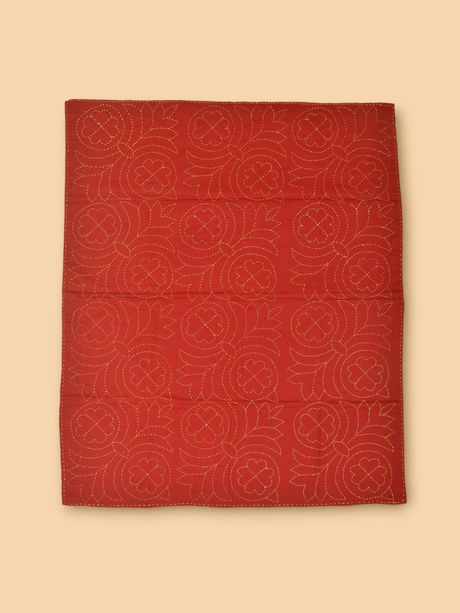 Pure Cotton Floral Hand Embroidered Baby Nakshi Kantha – Baby Swaddle on Brown Living™. SKU: ST - KAN - RED - 01. Img 1.