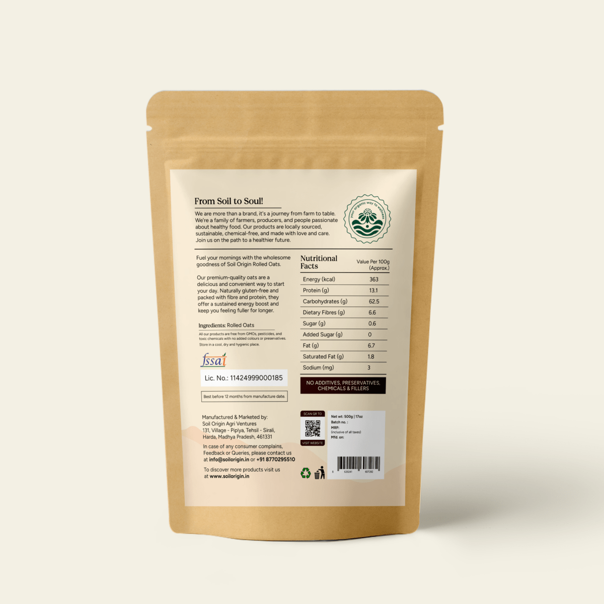 Rolled Oats | Weight Management | 500g | Verified Sustainable by Brown Living™