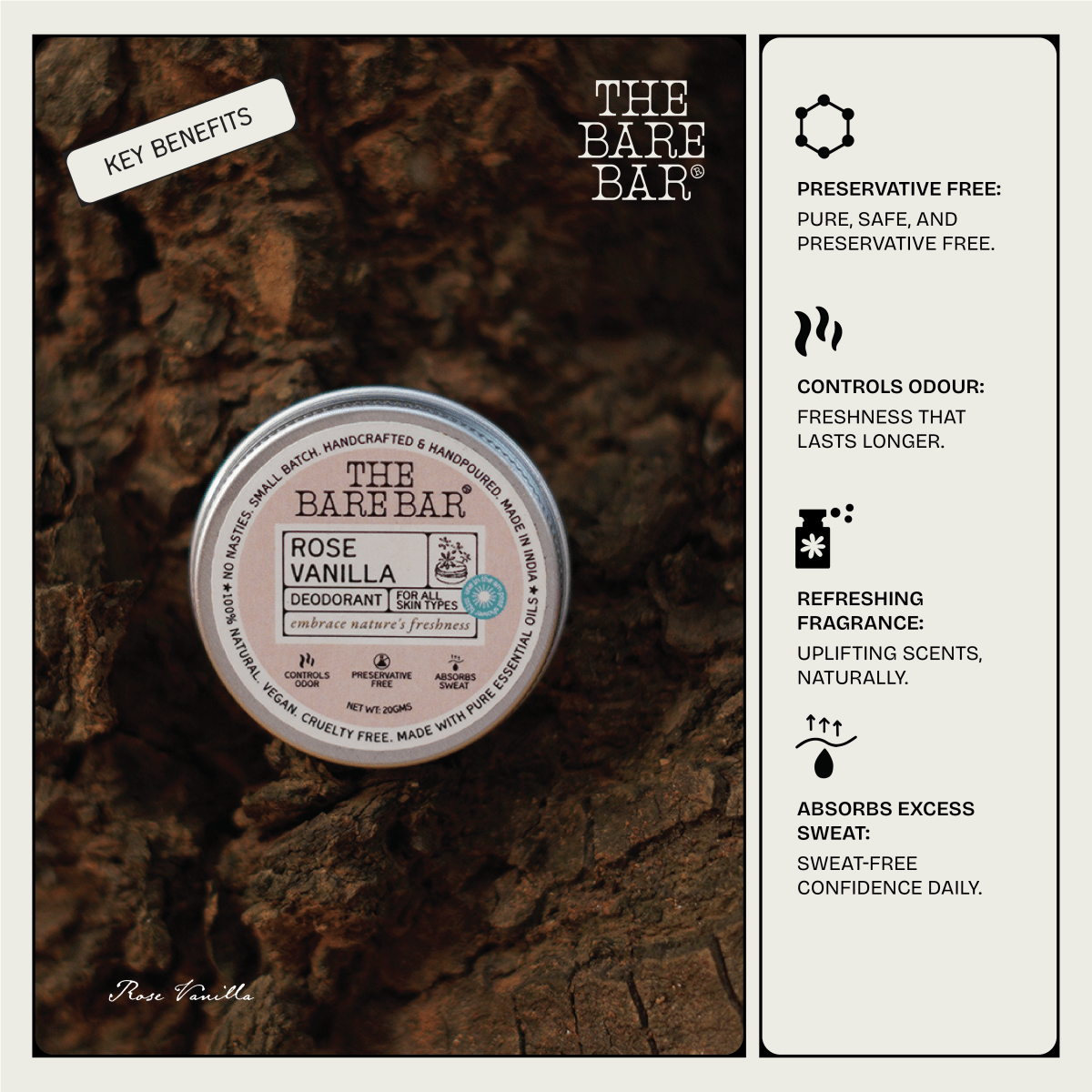 Romantic Rose Vanilla Deodorant for Long - Lasting Aroma – Deodorant by The Bare Bar available on Brown Living™. 20gm . SKU: 8904448006711. Img 4.