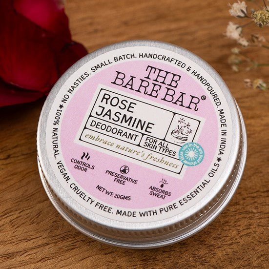 Rose Jasmine Deodorant for Elegant Everyday Fragrance – Deodorant by The Bare Bar available on Brown Living™. 20gm . SKU: 8904448005325. Img 1.