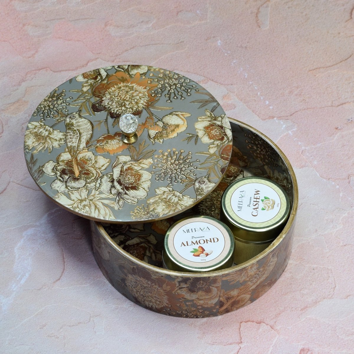 Round Gold Foil Storage Box – Organizers on Brown Living™. SKU: MJ00107BX. Img 3.