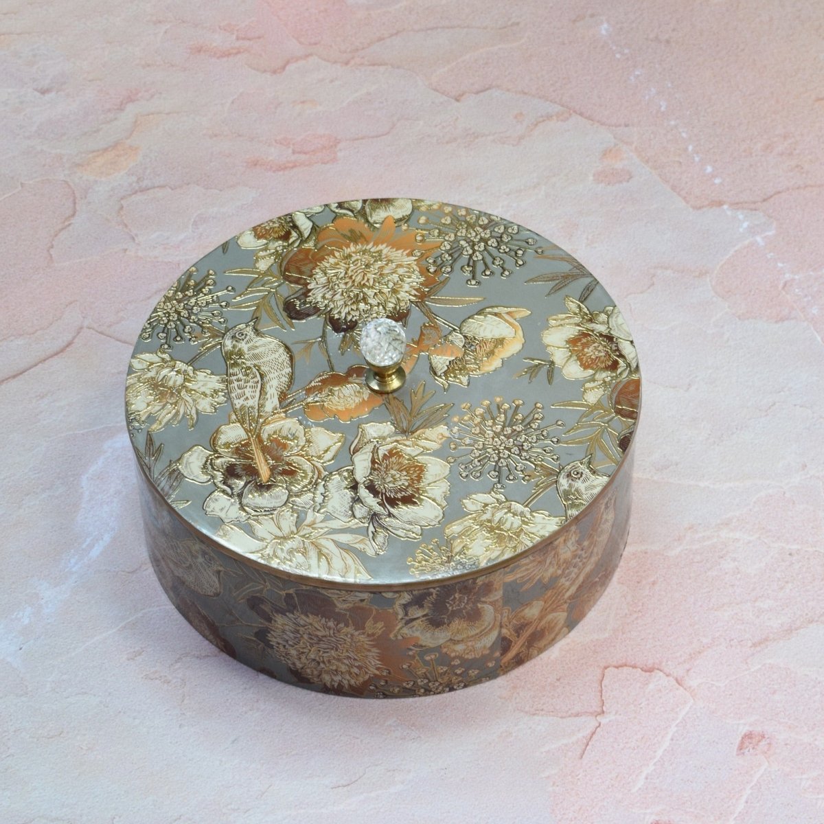 Round Gold Foil Storage Box – Organizers on Brown Living™. SKU: MJ00107BX. Img 2.