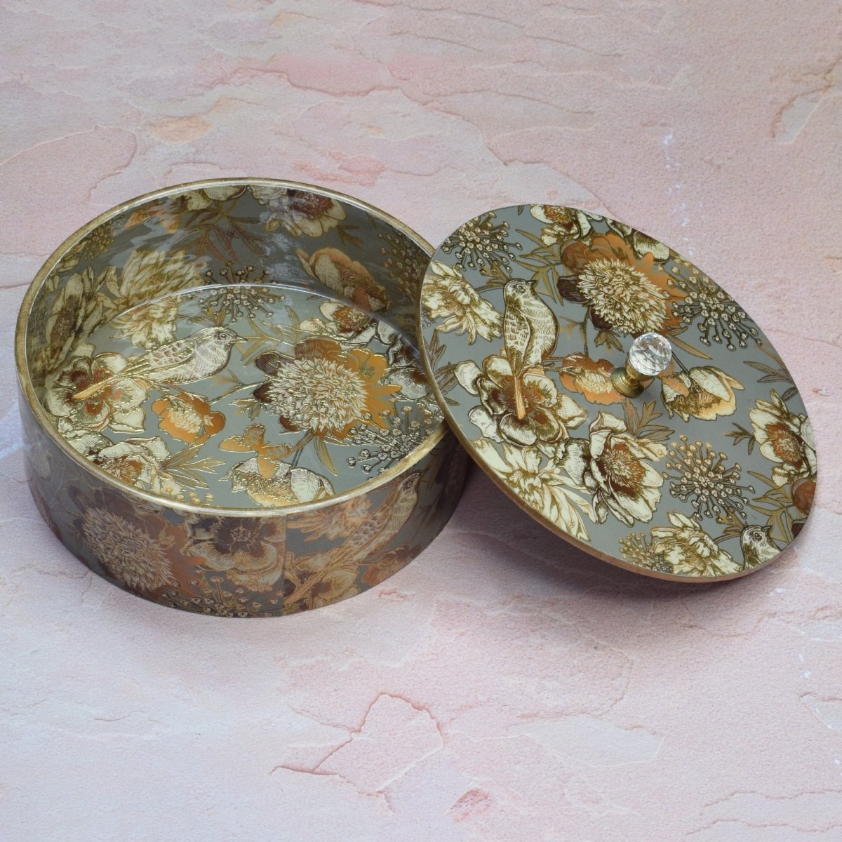 Round Gold Foil Storage Box – Organizers on Brown Living™. SKU: MJ00107BX. Img 1.
