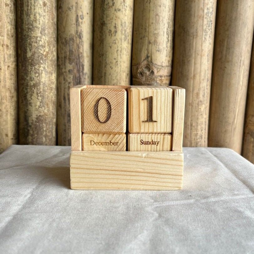 Rustic Wooden Cube Perpetual Calendar – Vintage Desk Accessory | Verified Sustainable by Brown Living™