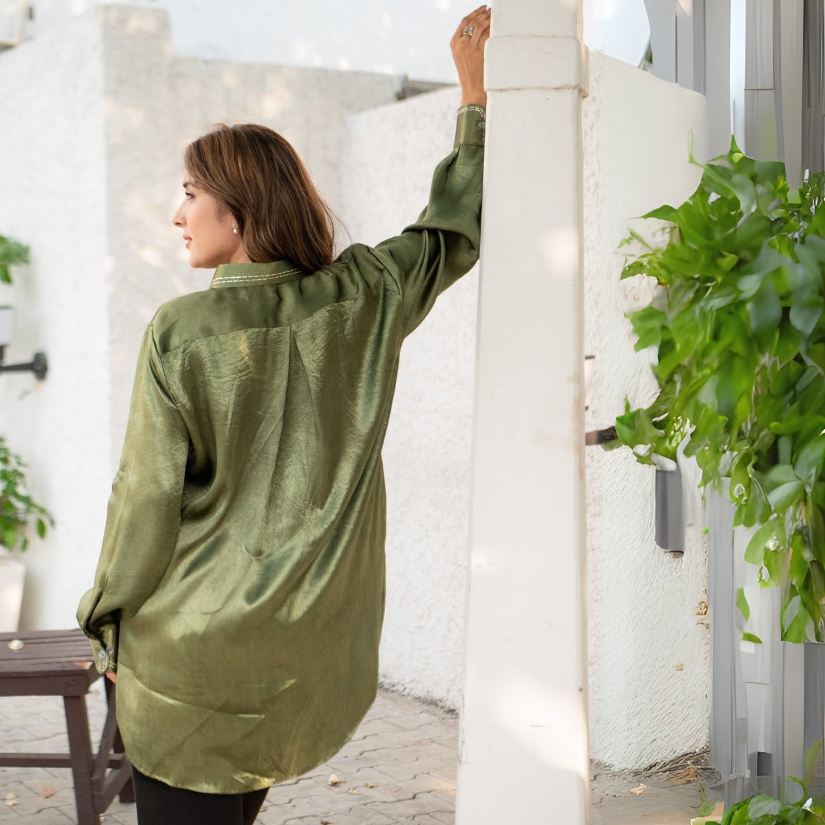 Sage Real Silver Back Pleat Mashru Shirt | Verified Sustainable by Brown Living™