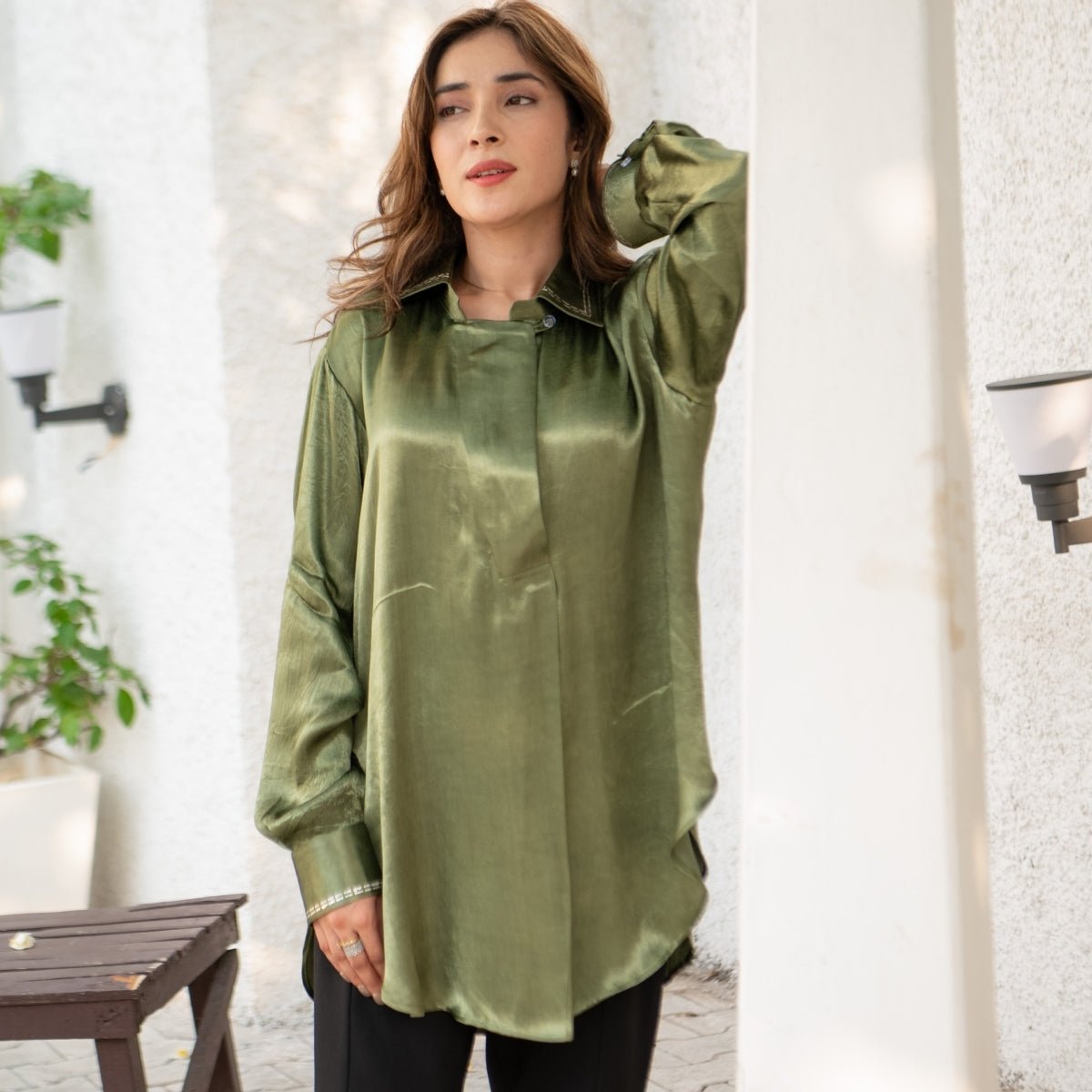 Sage Real Silver Back Pleat Mashru Shirt | Verified Sustainable by Brown Living™