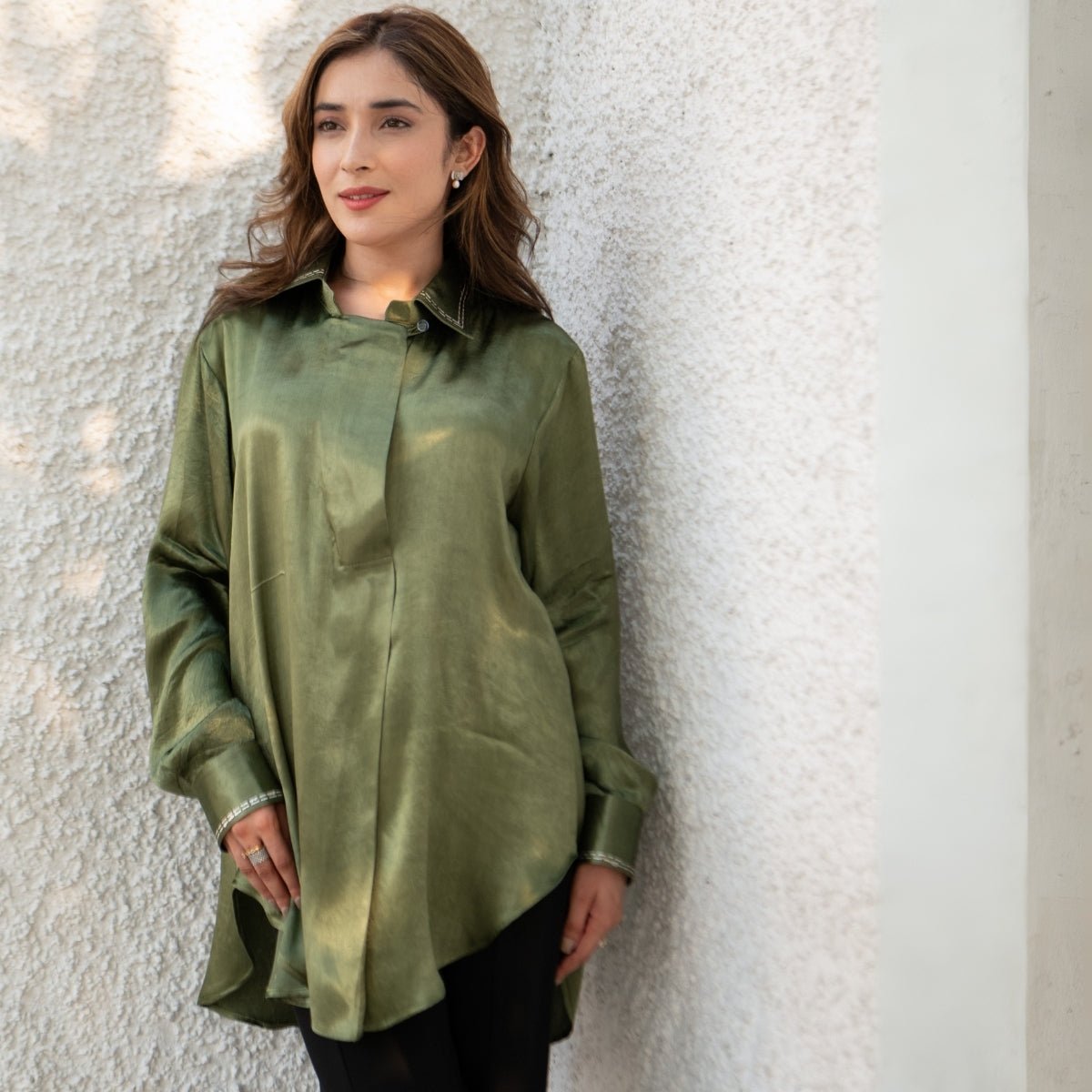 Sage Real Silver Back Pleat Mashru Shirt | Verified Sustainable by Brown Living™