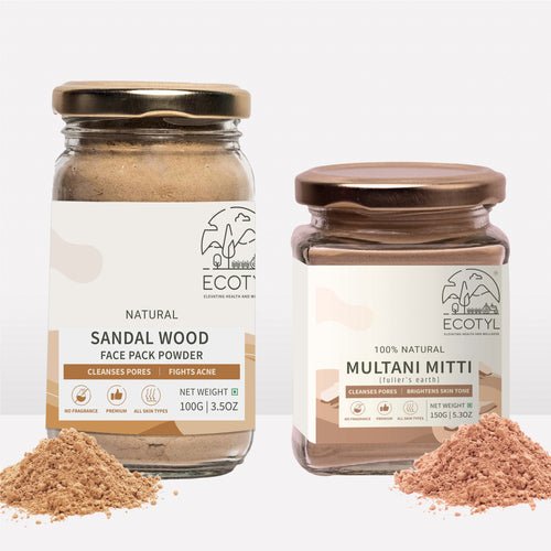 Sandalwood Powder 100g and Multani Mitti 150g - Face Pack Combo – Face Pack on Brown Living™. SKU: ECOTYL000173925. Img 1.