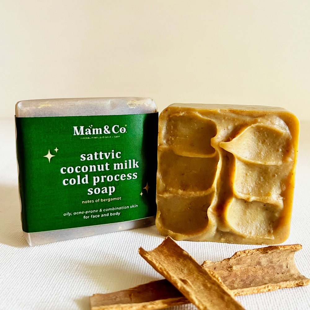 Sattvic Coconut Milk Cold Process Soap (Green Grams + Orange Peel + Cinnamon) | – Body Soap on Brown Living™. SKU: CPS100024444. Img 1.