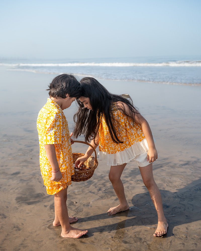 Scent Of Flowers - Yellow Floral Hand Block Cotton Girls Co - ord Set | Verified Sustainable by Brown Living™