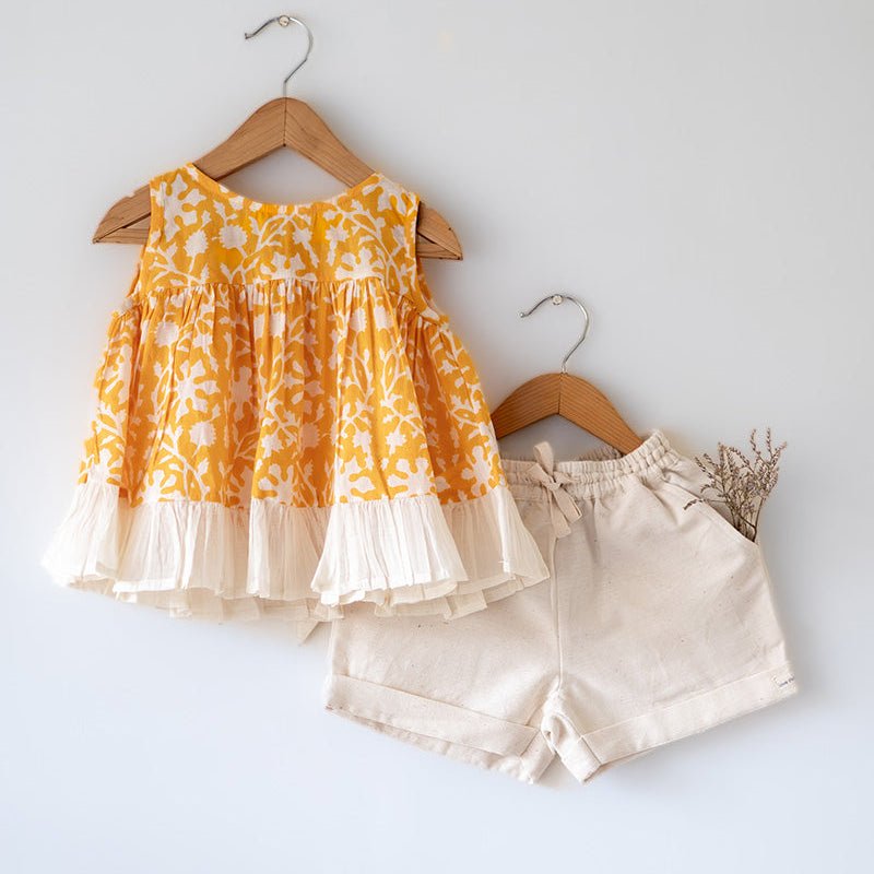 Scent Of Flowers - Yellow Floral Hand Block Cotton Girls Co - ord Set | Verified Sustainable by Brown Living™