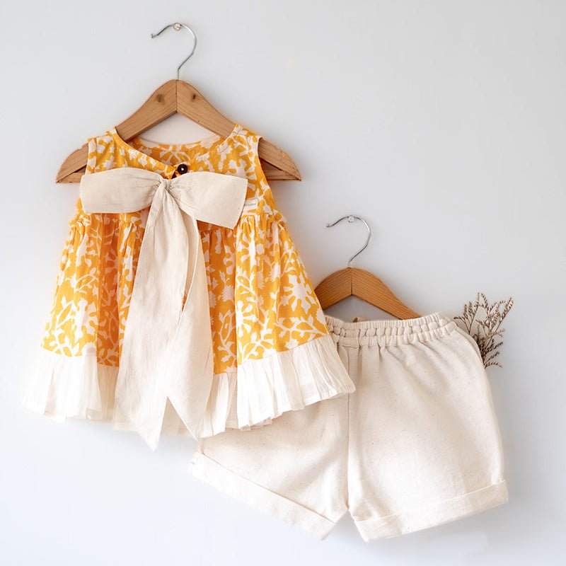Scent Of Flowers - Yellow Floral Hand Block Cotton Girls Co - ord Set | Verified Sustainable by Brown Living™