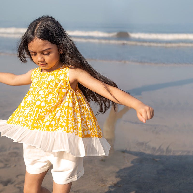 Scent Of Flowers - Yellow Floral Hand Block Cotton Girls Co - ord Set | Verified Sustainable by Brown Living™
