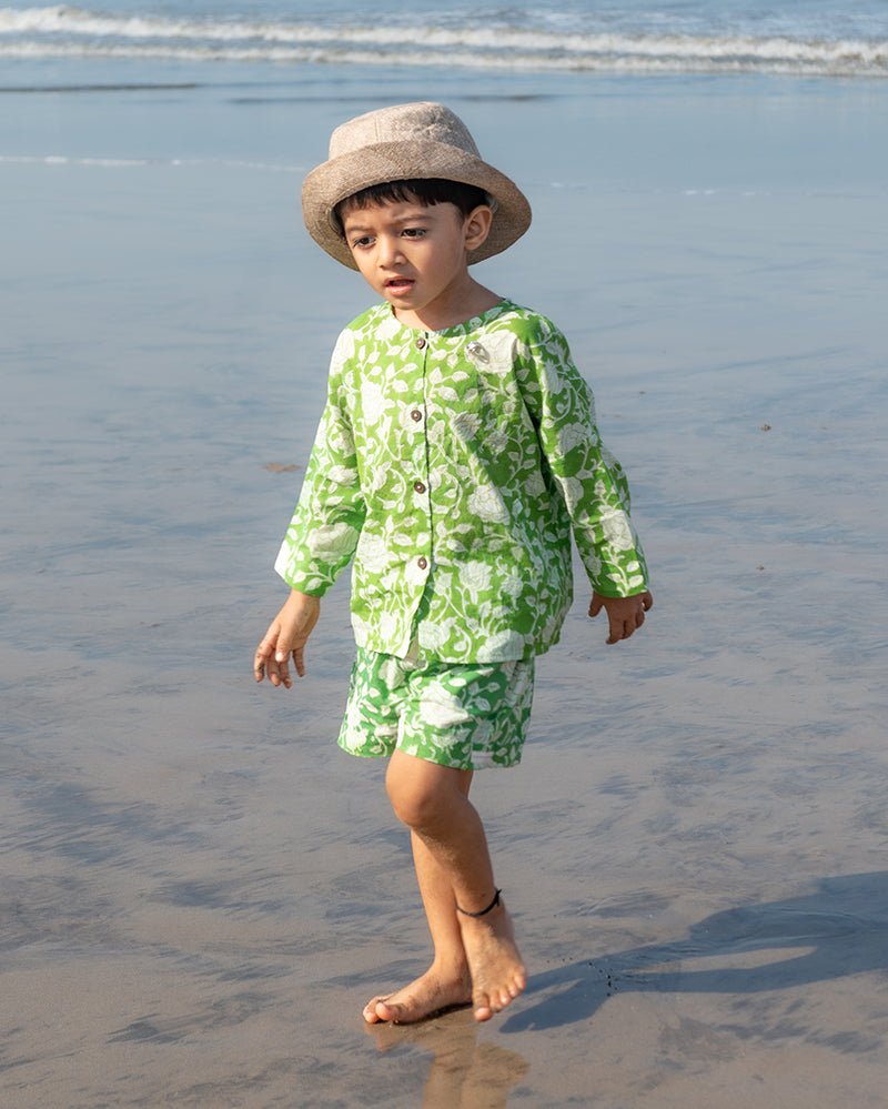 Shared Secrets - Hand Block Print Green Floral Kids Co - ord Set | Verified Sustainable by Brown Living™