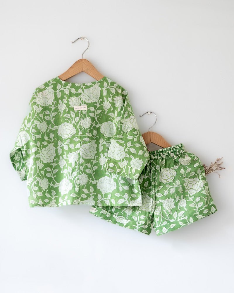 Shared Secrets - Hand Block Print Green Floral Kids Co - ord Set | Verified Sustainable by Brown Living™