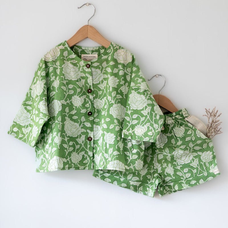 Shared Secrets - Hand Block Print Green Floral Kids Co - ord Set | Verified Sustainable by Brown Living™