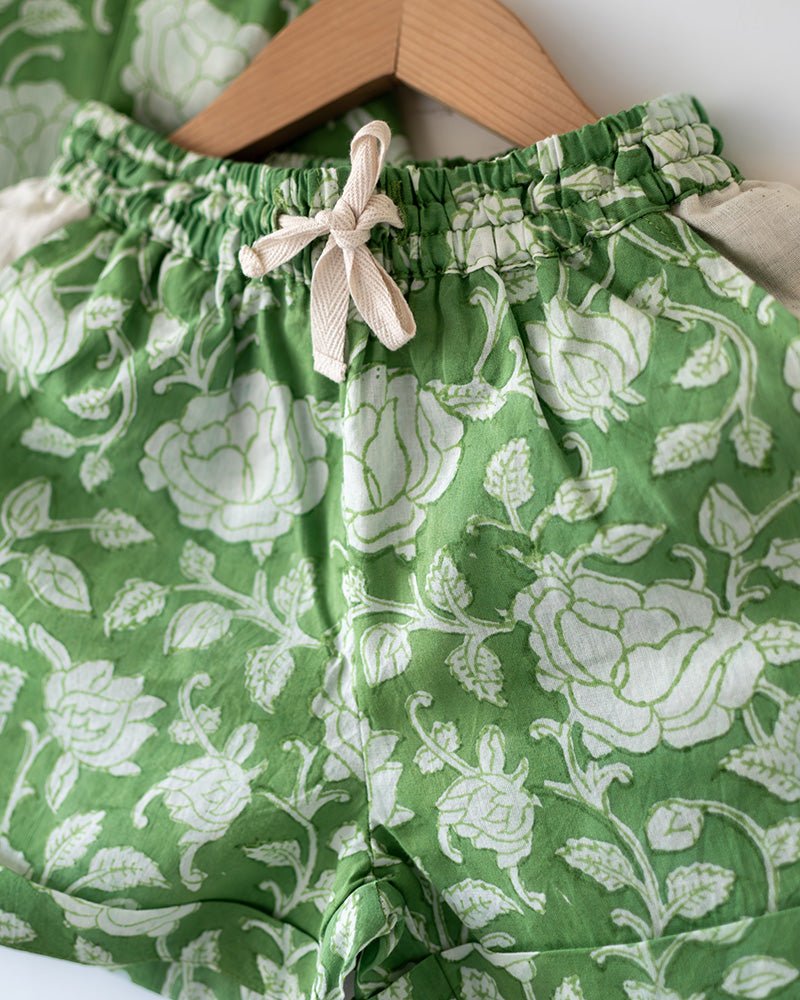 Shared Secrets - Hand Block Print Green Floral Kids Co - ord Set | Verified Sustainable by Brown Living™