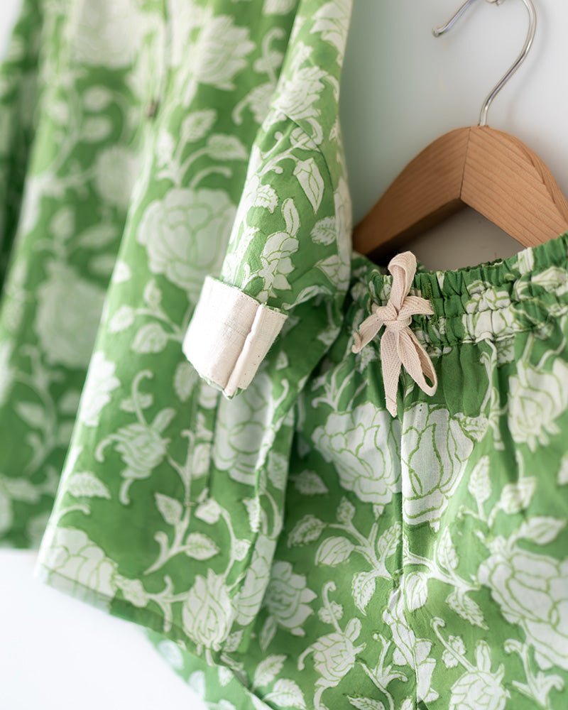 Shared Secrets - Hand Block Print Green Floral Kids Co - ord Set | Verified Sustainable by Brown Living™