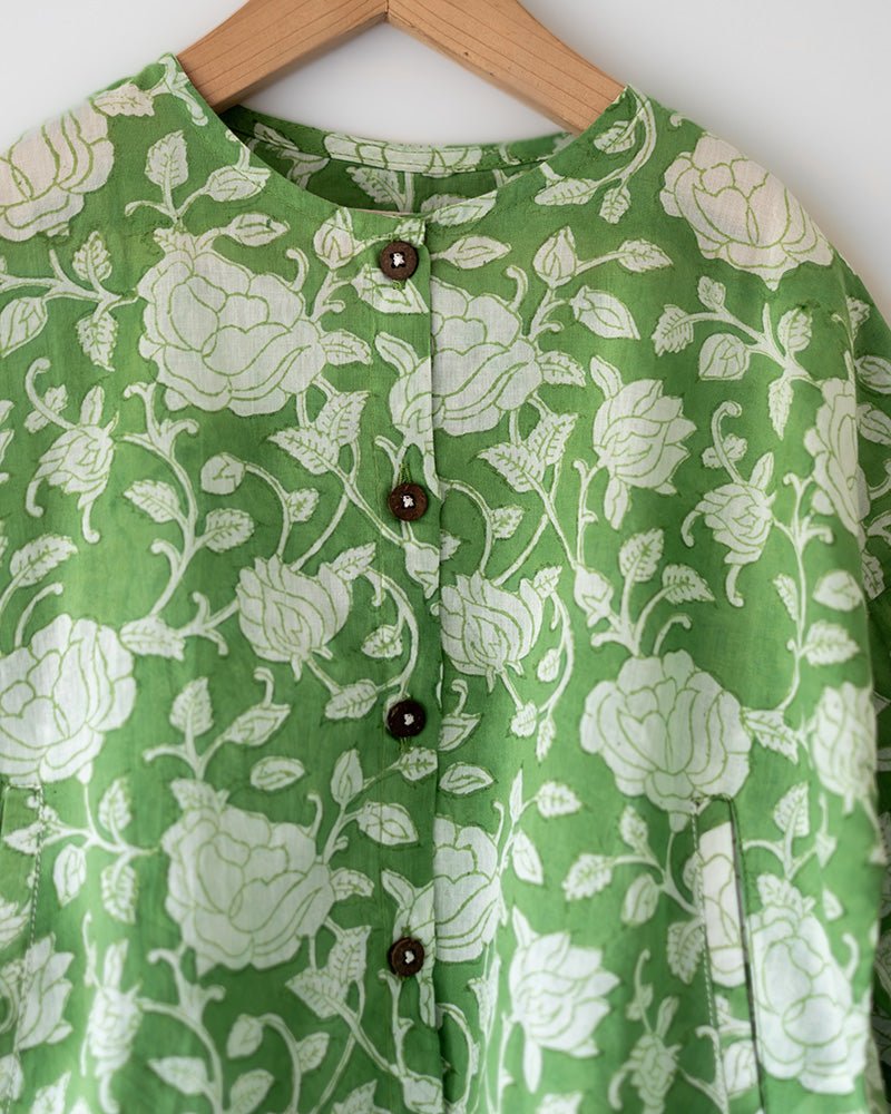 Shared Secrets - Hand Block Print Green Floral Kids Co - ord Set | Verified Sustainable by Brown Living™