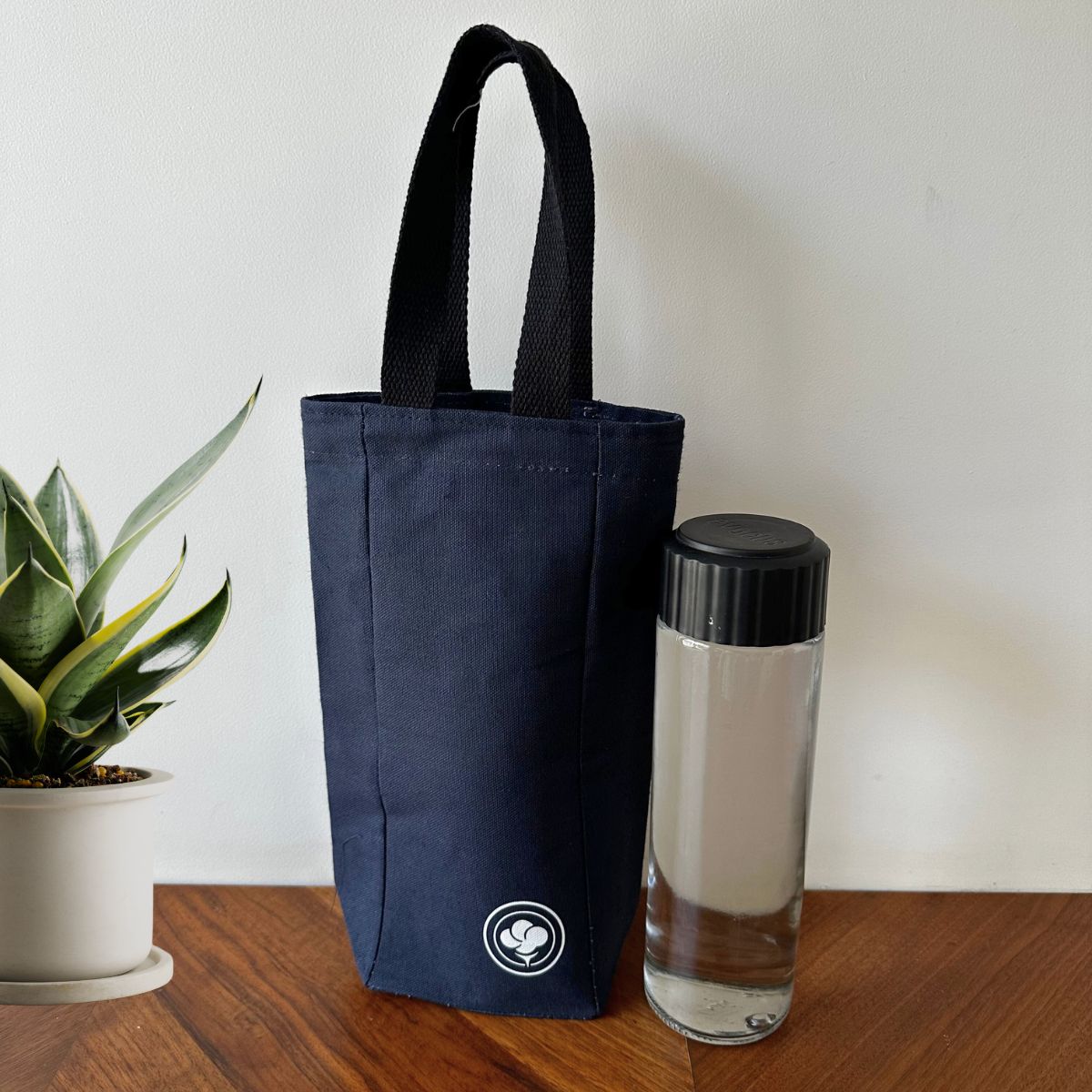 Single Bottle Holder – Eco Carry Pouch for Water Bottles – Tote Bag by The Gossy Shrub available on Brown Living™. Navy Blue . SKU: SBH007 (NB). Img 7.