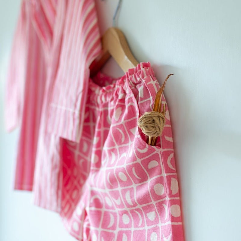 Sleepover Party Cotton Kurta & Shorts Set - Pink Striped – Kids Pajamas on Brown Living™. SKU: N7DK1612. Img 3.