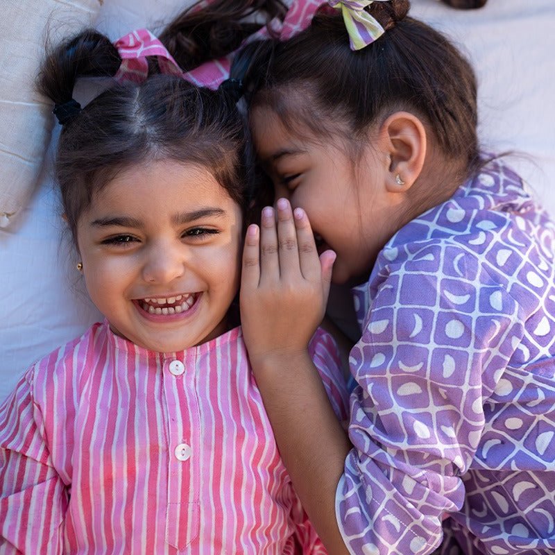 Sleepover Party Cotton Kurta & Shorts Set - Pink Striped – Kids Pajamas on Brown Living™. SKU: N7DK1612. Img 1.