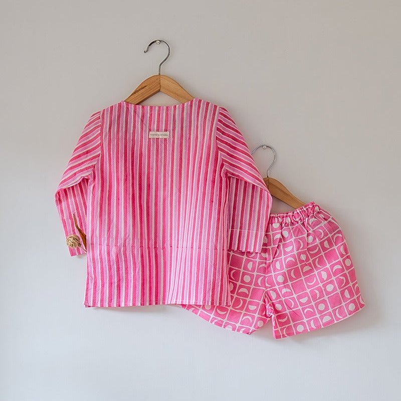 Sleepover Party Cotton Kurta & Shorts Set - Pink Striped – Kids Pajamas on Brown Living™. SKU: N7DK1612. Img 2.