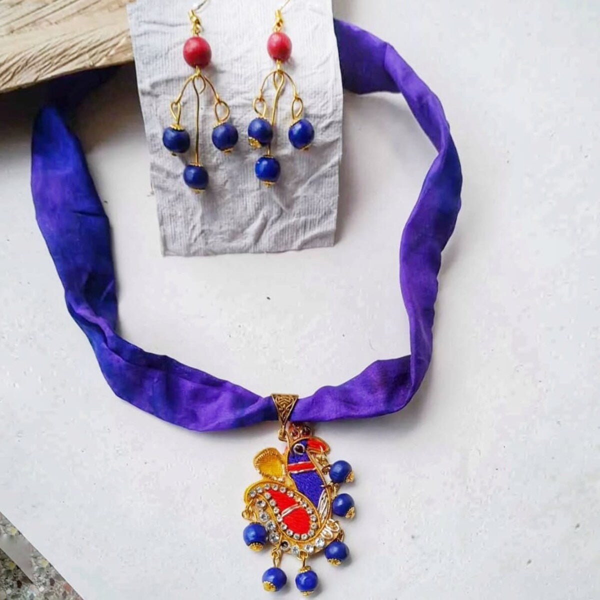Soft Silk Fabric Necklace Set – Womens Necklaces by Nidhi handmade available on Brown Living™. . SKU: soft silk necklace - peacock pendant set. Img 2.