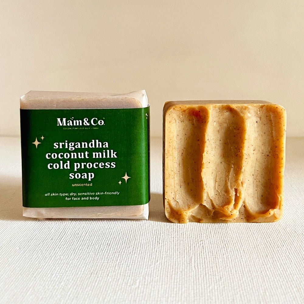 Srigandha Coconut Milk Cold Process Soap (Sandalwood + Vetiver + Curcuma Amada) | All Skin Types – Body Soap on Brown Living™. SKU: CPS10001 - F. Img 1.