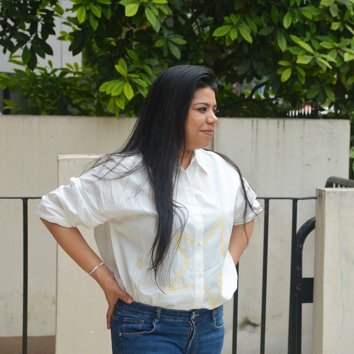 Stars Party Embroidered Shirt for Women - White – Womens Shirt on Brown Living™. SKU: NANWS001EMB026 - S. Img 3.