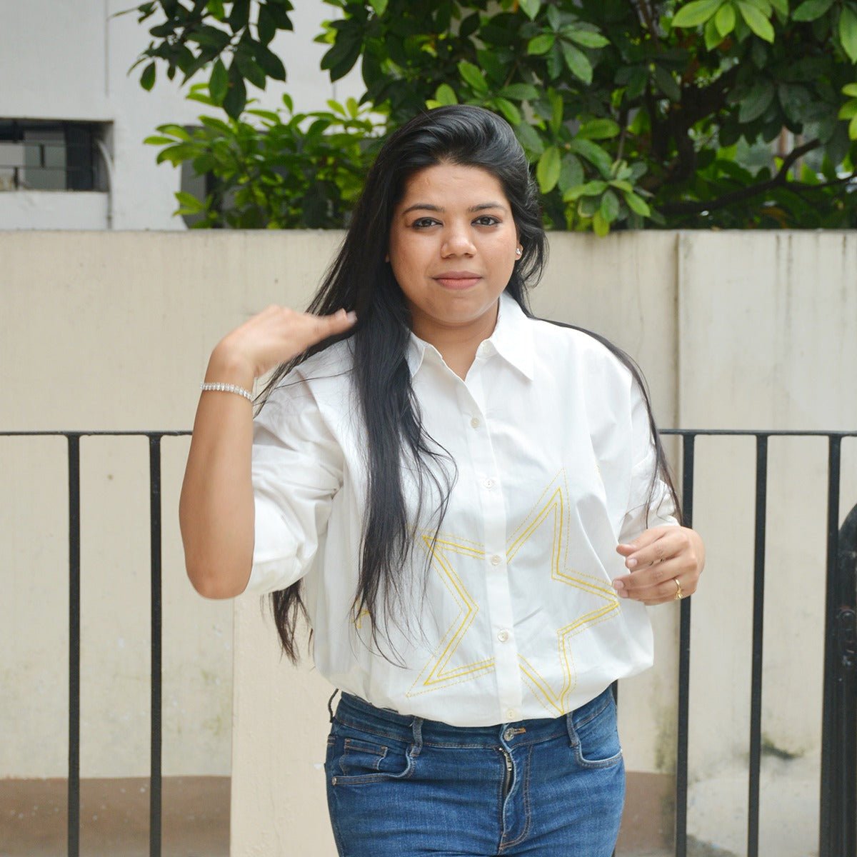 Stars Party Embroidered Shirt for Women - White – Womens Shirt on Brown Living™. SKU: NANWS001EMB026 - S. Img 1.