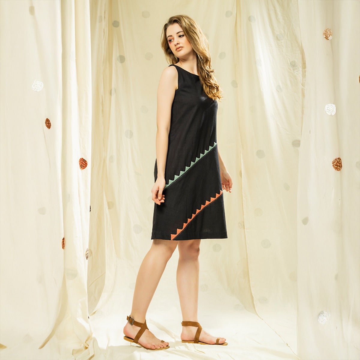 Striped Legacy - Luxurious Black Knee Length Applique Dress | Verified Sustainable by Brown Living™