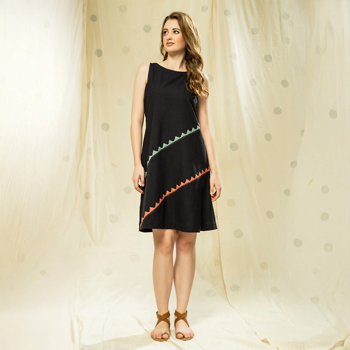 Striped Legacy - Luxurious Black Knee Length Applique Dress | Verified Sustainable by Brown Living™