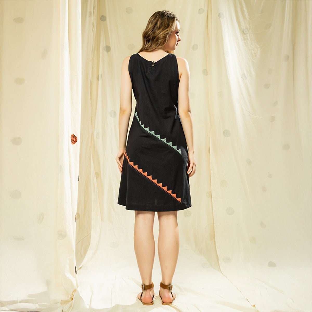 Striped Legacy - Luxurious Black Knee Length Applique Dress | Verified Sustainable by Brown Living™