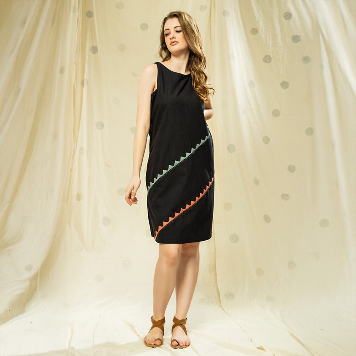 Striped Legacy - Luxurious Black Knee Length Applique Dress | Verified Sustainable by Brown Living™