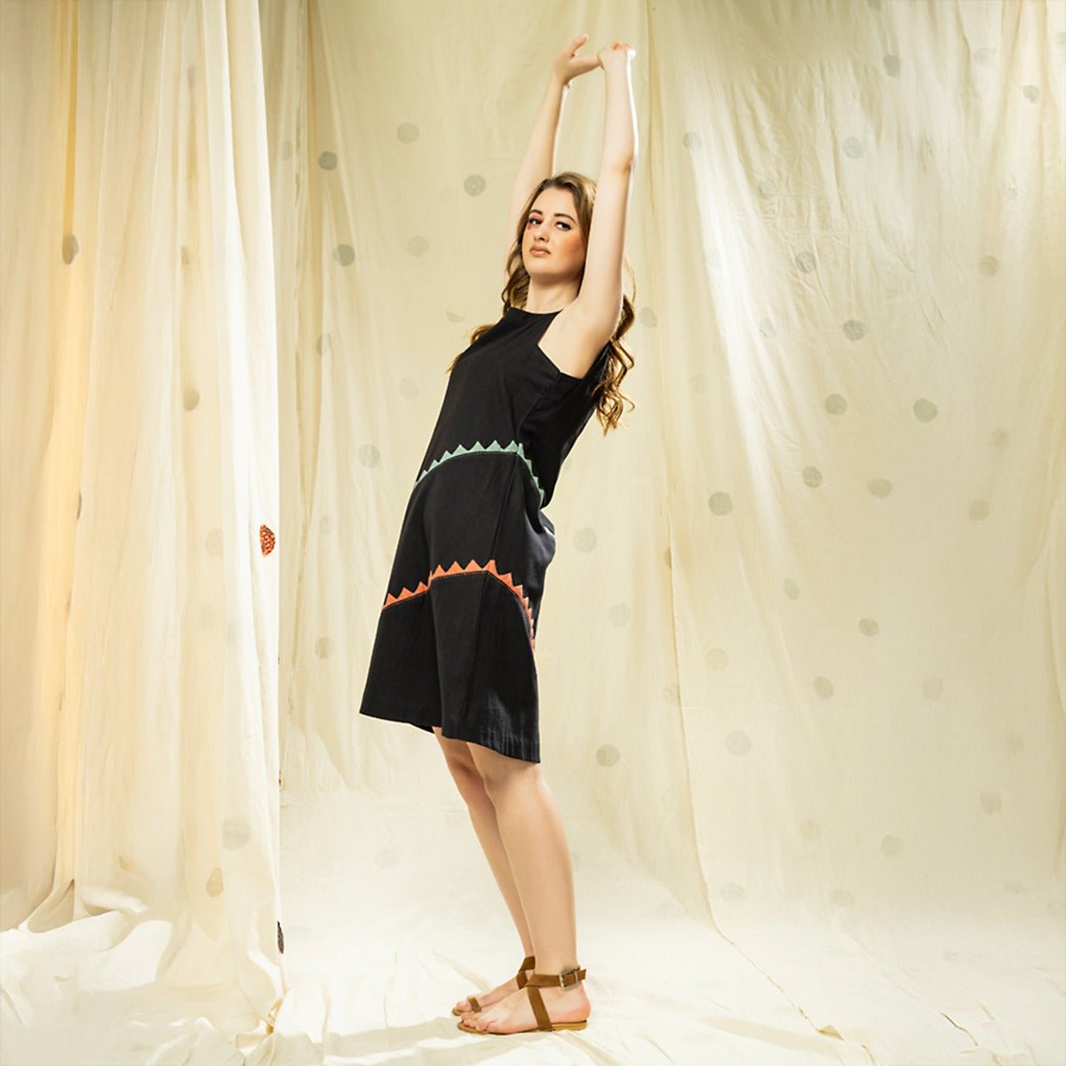 Striped Legacy - Luxurious Black Knee Length Applique Dress | Verified Sustainable by Brown Living™