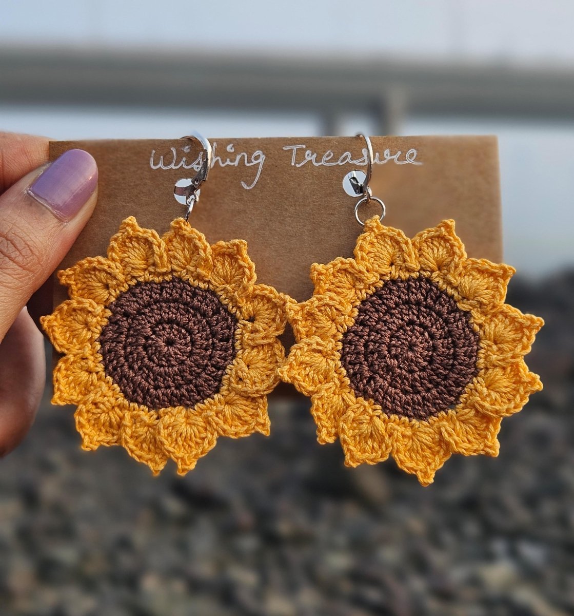 Sunflower Hand Crochet Earring – Womens Earrings by Wishing Treasure available on Brown Living™. . SKU: WTESUNF2. Img 2.