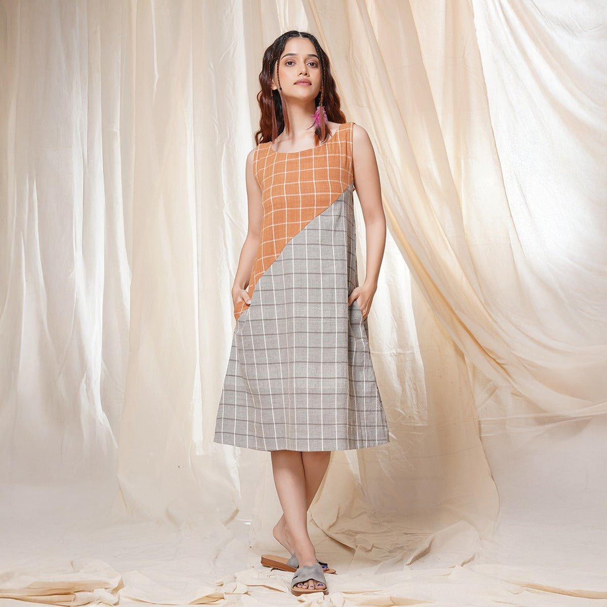 Timeless Checks - Orange and Gray Checkered Khadi Short Dress | Verified Sustainable by Brown Living™
