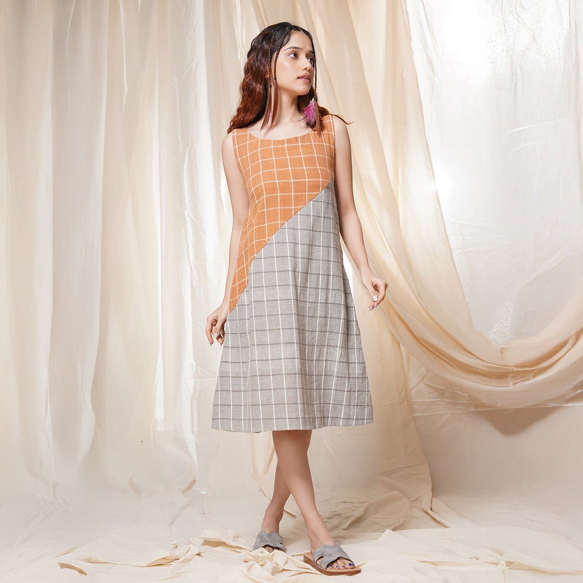 Timeless Checks - Orange and Gray Checkered Khadi Short Dress | Verified Sustainable by Brown Living™