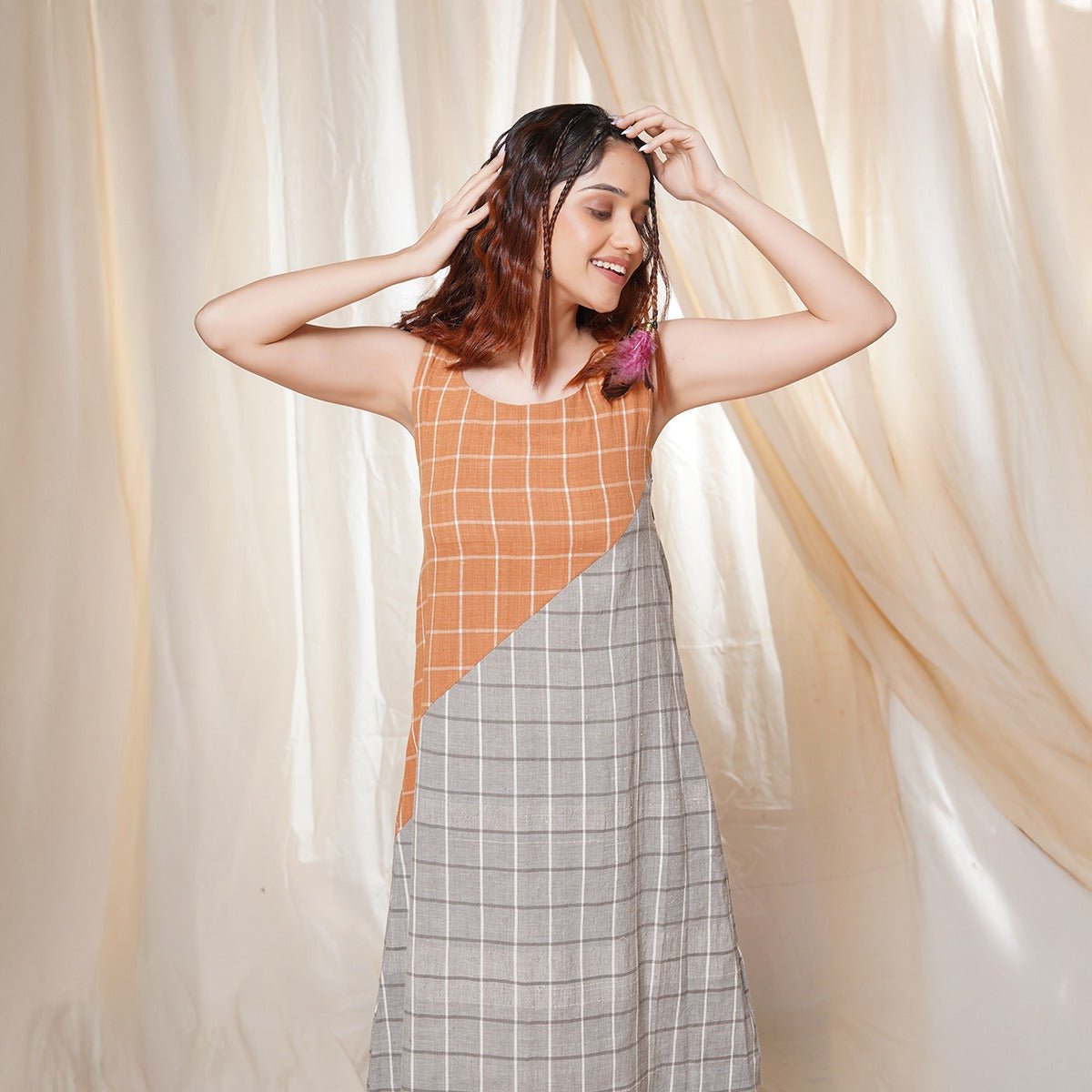 Timeless Checks - Orange and Gray Checkered Khadi Short Dress | Verified Sustainable by Brown Living™
