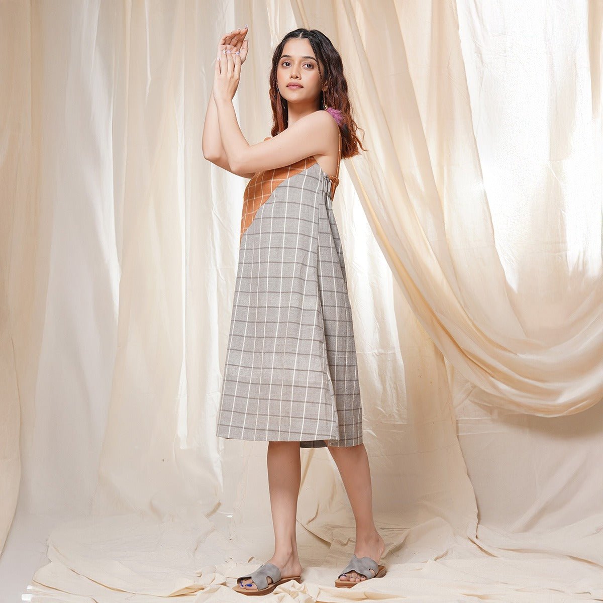 Timeless Checks - Orange and Gray Checkered Khadi Short Dress | Verified Sustainable by Brown Living™