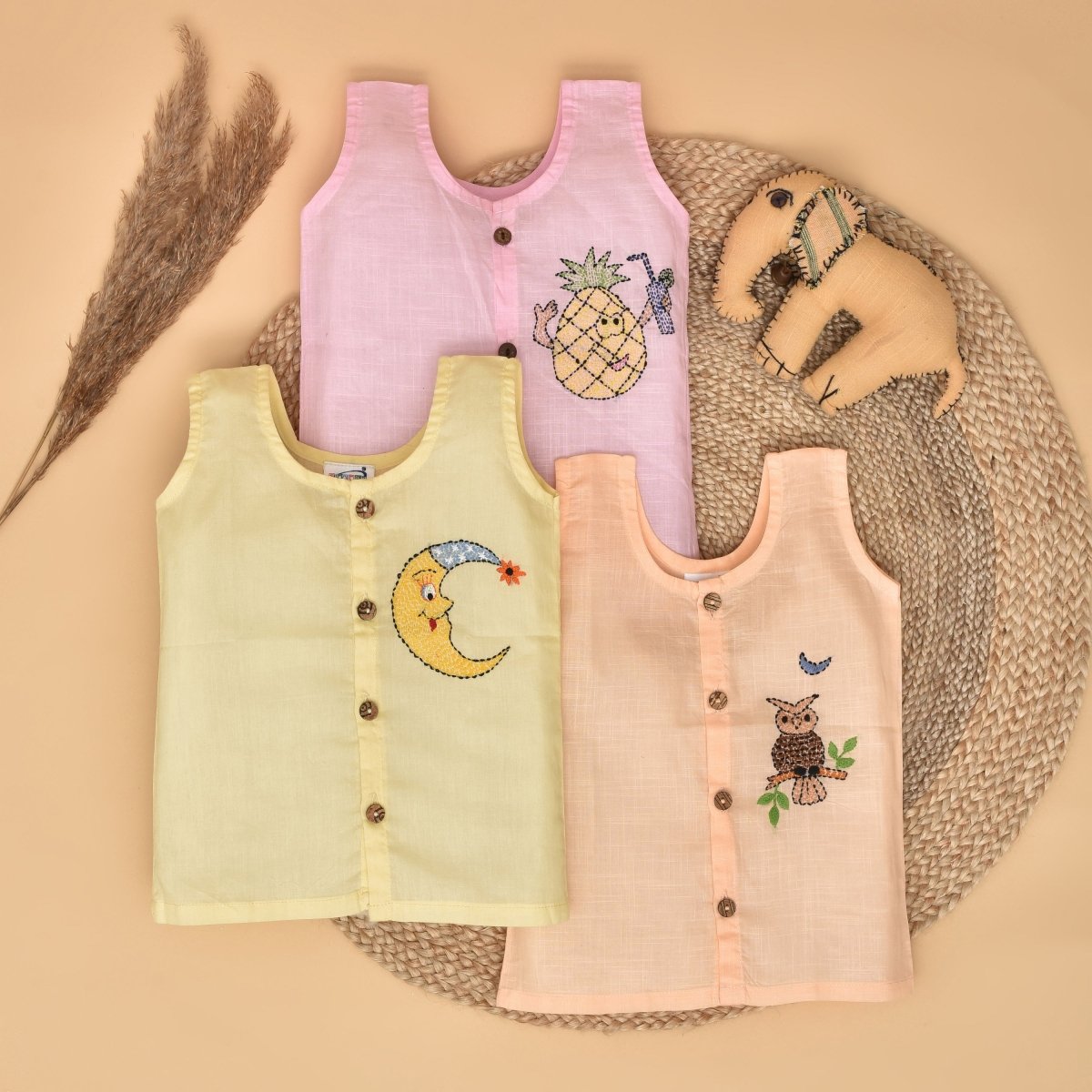 Tropical Night Trio Jabla (Moon, Pineapple and Owl Design) - Pure Cotton Hand Embroidered Baby Jabla Set of 3 | Verified Sustainable by Brown Living™