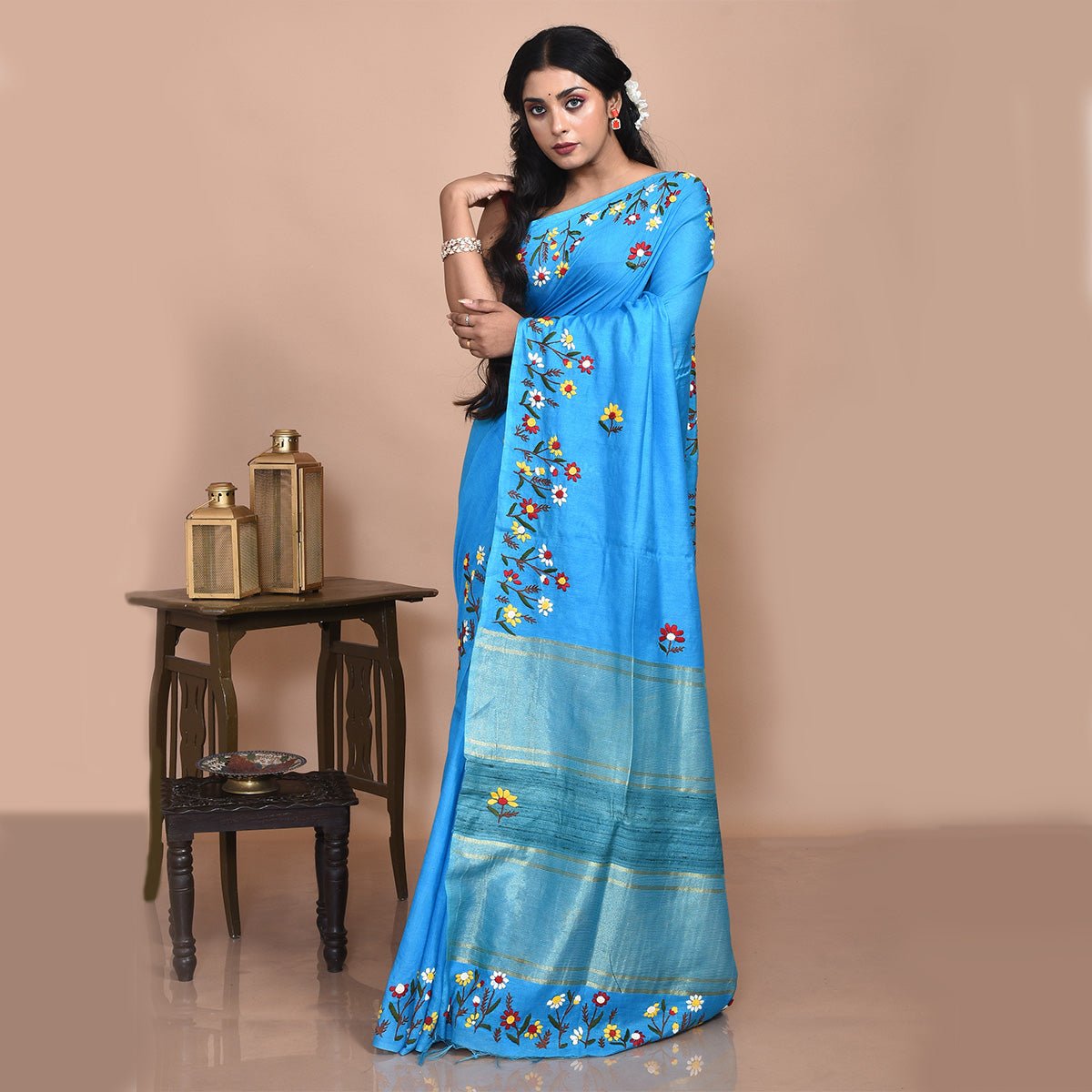 Turqoise Linen Saree with Floral Design Hand Embroidery – Womens Saree by Stotra available on Brown Living™. . SKU: STRLINSAR06. Img 1.