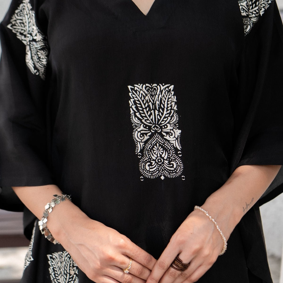 Twilight Bloom Real Silver Habutai Silk Kaftan | Verified Sustainable by Brown Living™