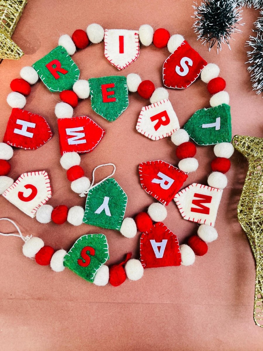 Upcycled Felt Merry Christmas 3d Garland - 72 Inches – Decor & Artefacts on Brown Living™. SKU: SNMX01. Img 1.